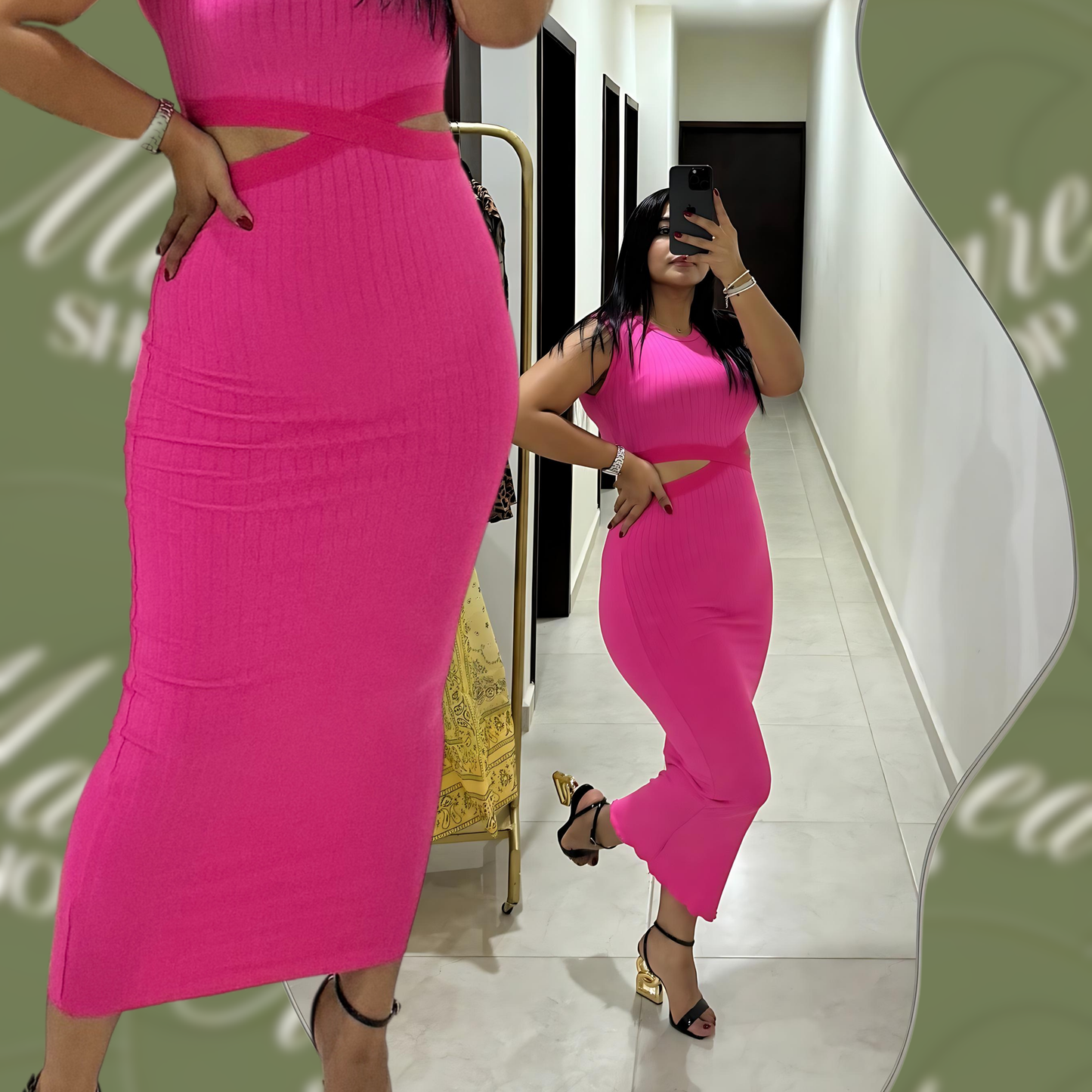 Vestido Largo Algodón Rosa con Escote en Cintura