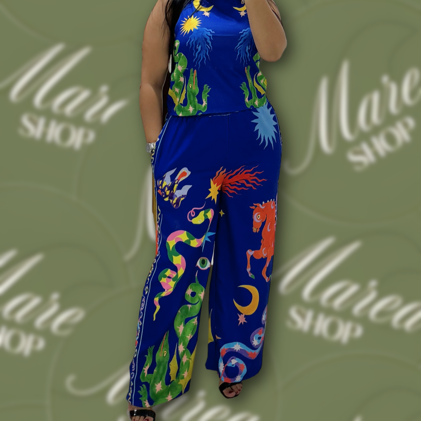 Set de Pantalón y Blusa Sisada Azul Rey con Alebrijes