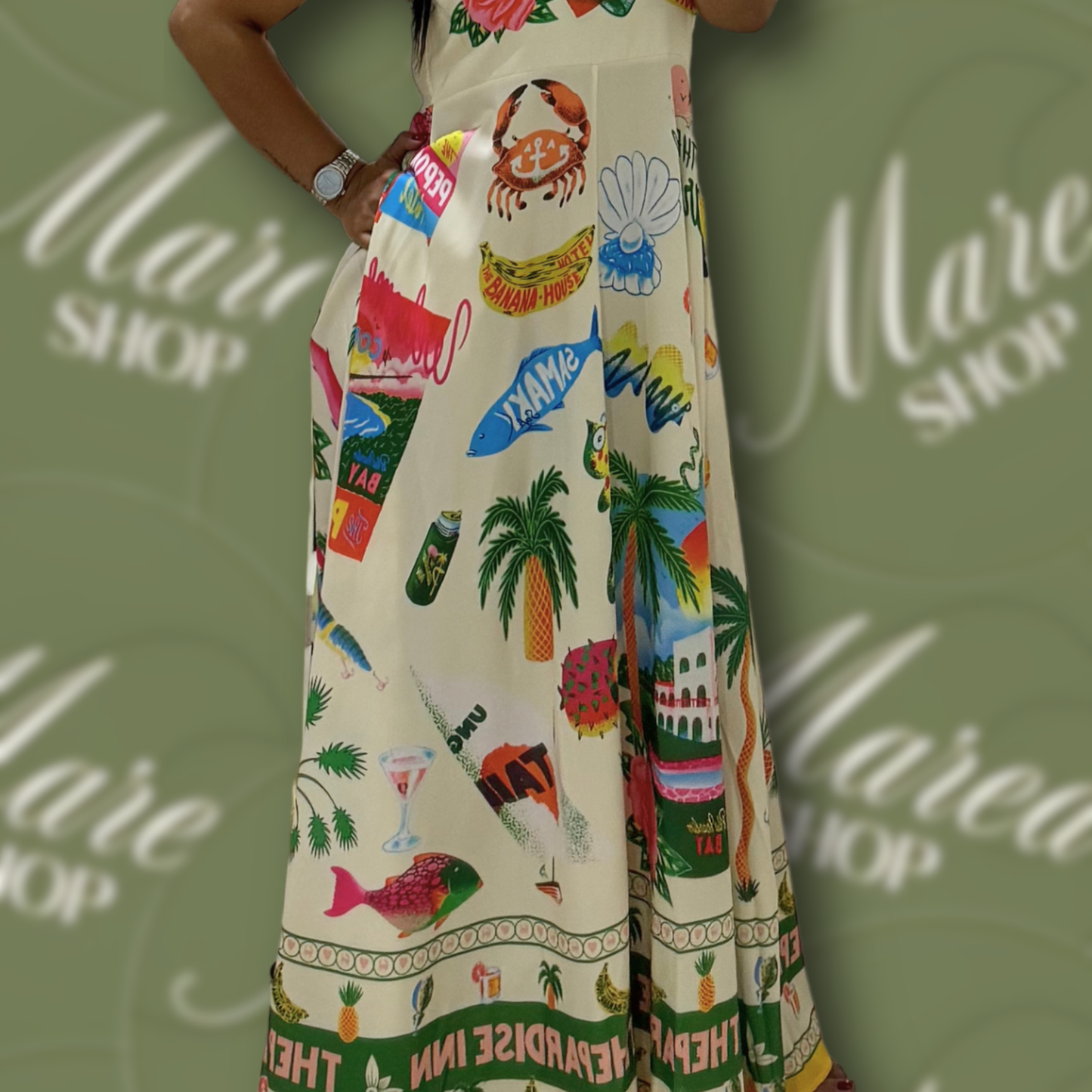 Vestido Largo Beige con Estampados de Verano