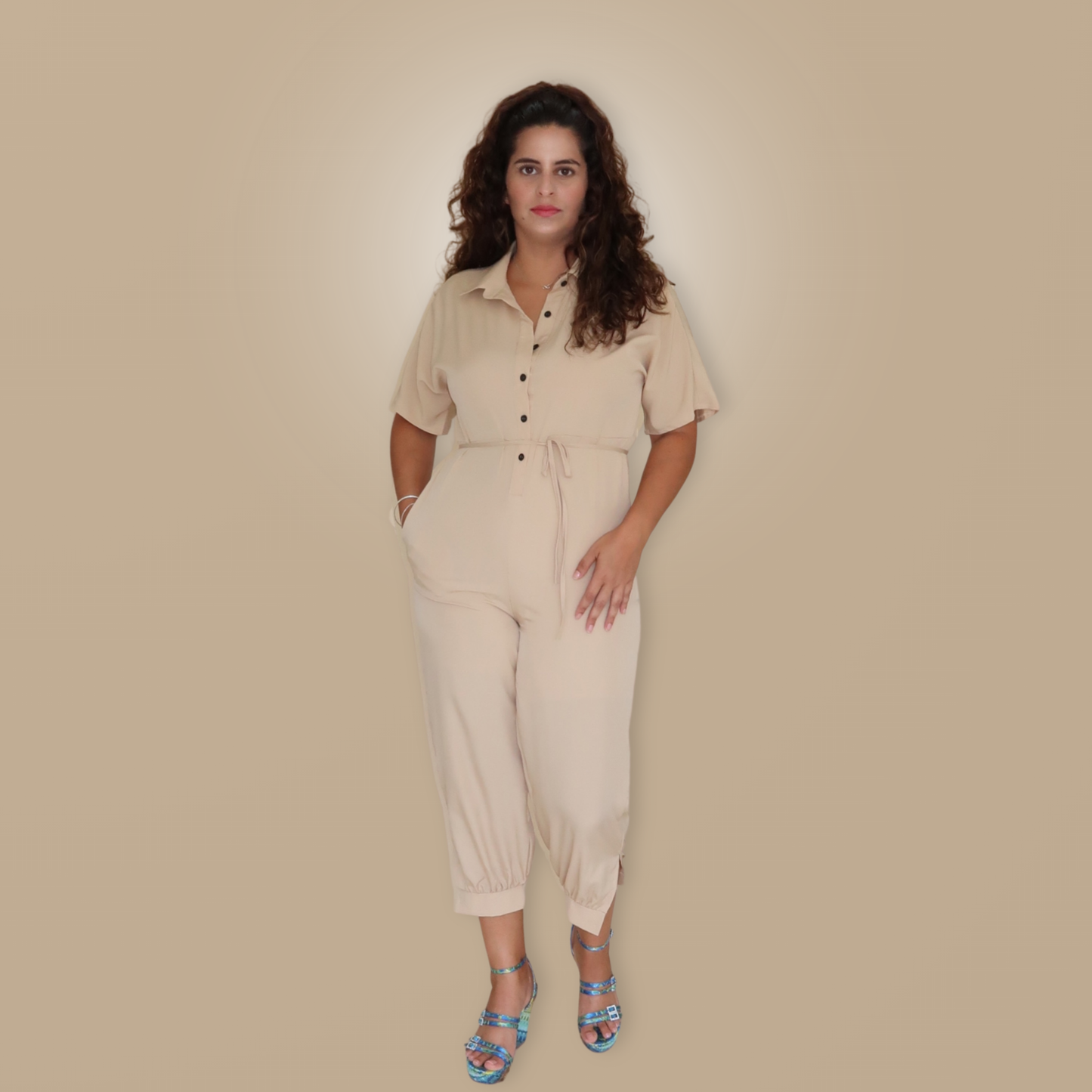 Jumpsuit Beige Manga 3/4 con Bolsillos Laterales