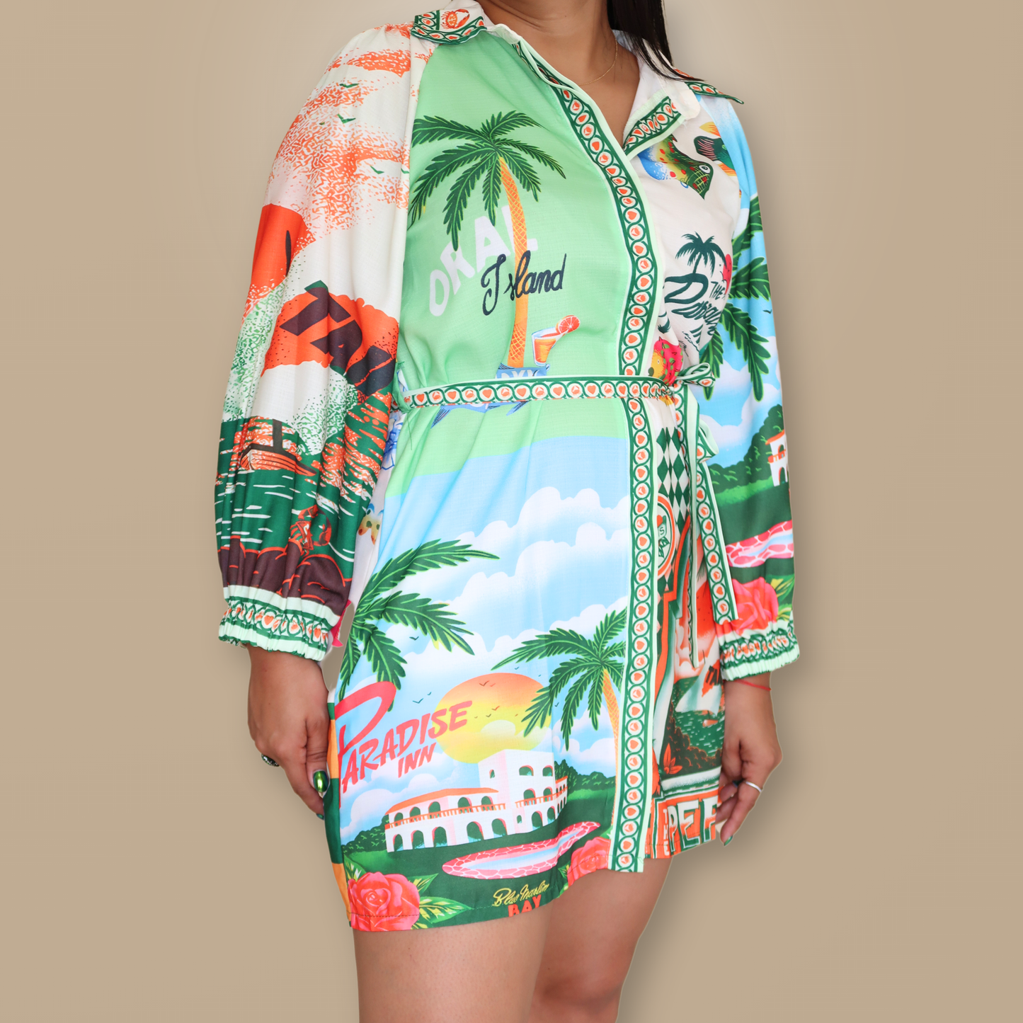Vestido Corto Manga 3/4 con Estampado de Playa