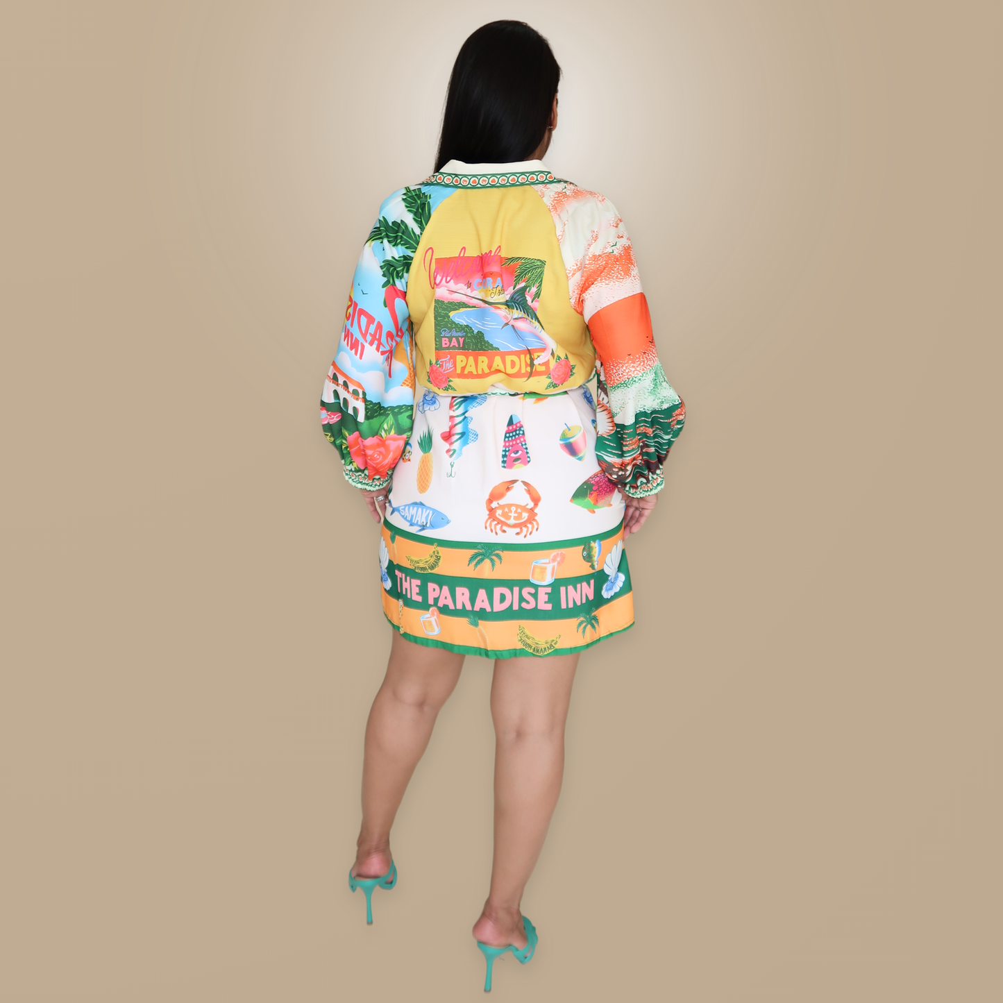 Vestido Corto Manga 3/4 con Estampado de Playa