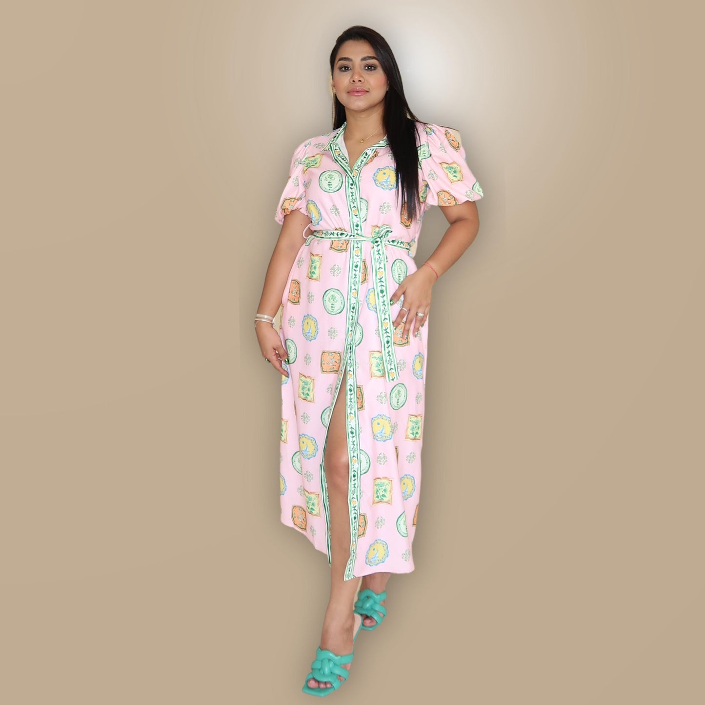 Vestido Rosa con Verde Estampado