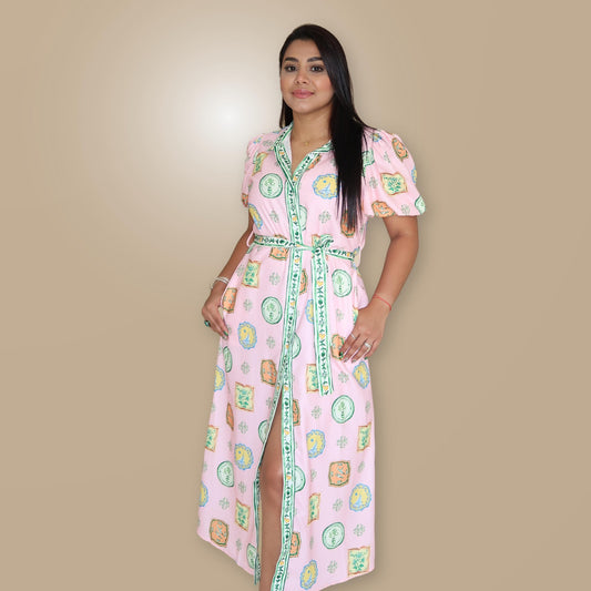 Vestido Rosa con Verde Estampado