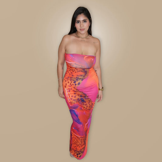 Vestido Largo Ajustado de Colores con Diseño Strapless