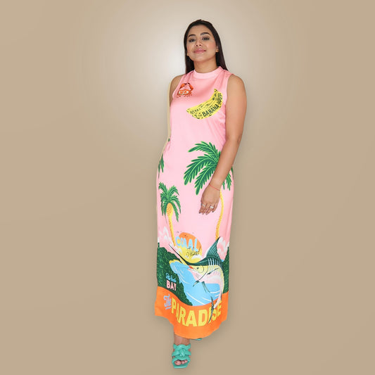 Vestido Largo Rosa y Naranja con Estampado de Playa