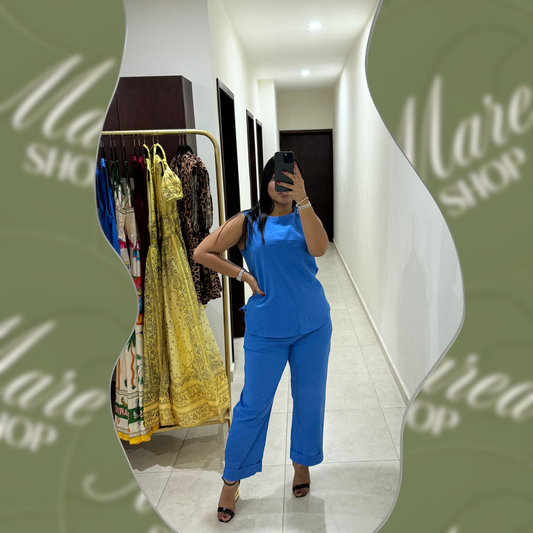 Set Azul de Pantalón y Blusa en Lino