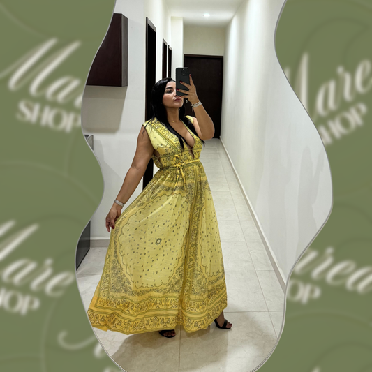 Vestido Largo Amarillo con Estampado Negro