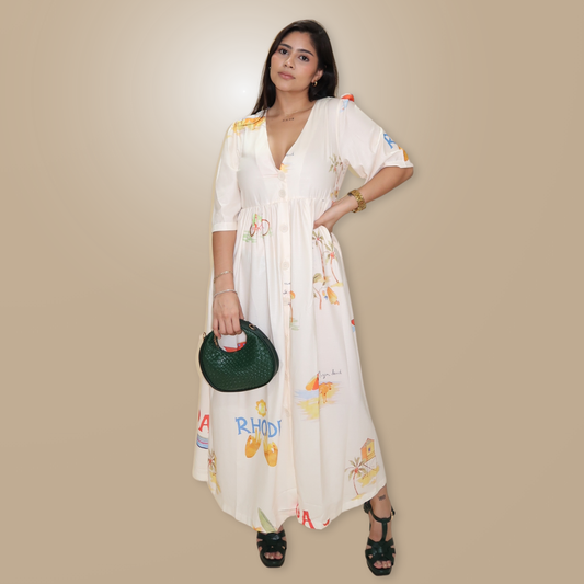 Vestido Largo Beige con Dibujos Playeros