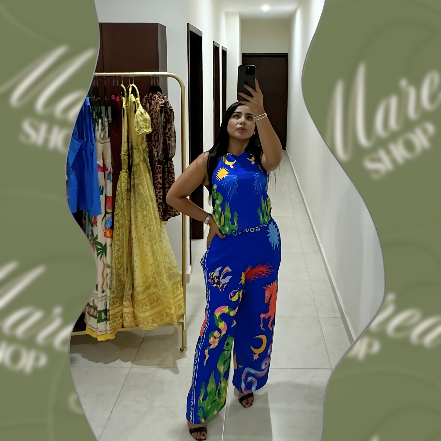 Set de Pantalón y Blusa Sisada Azul Rey con Alebrijes