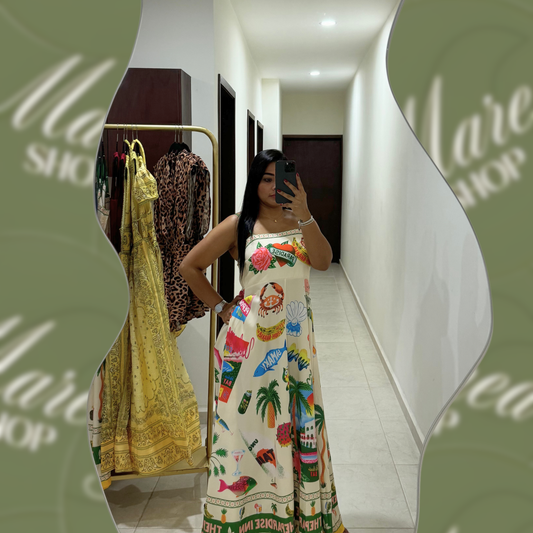 Vestido Largo Beige con Estampados de Verano