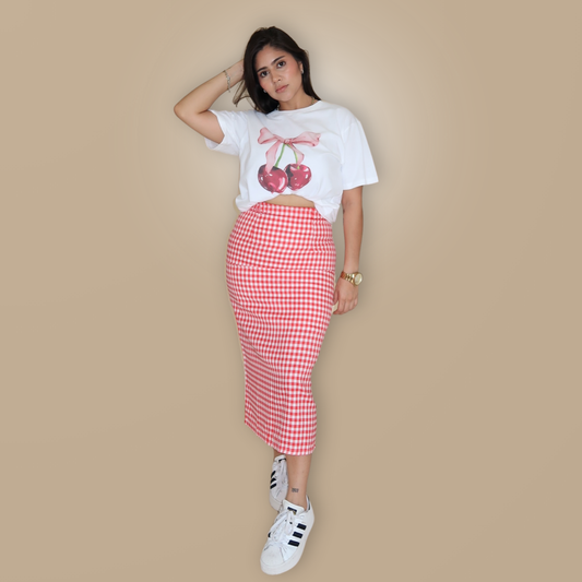 Falda Larga Roja con Cuadros Blancos