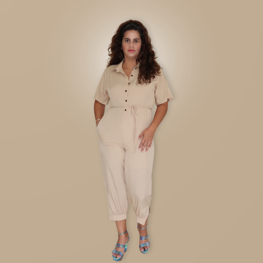 Jumpsuit Beige Manga 3/4 con Bolsillos Laterales