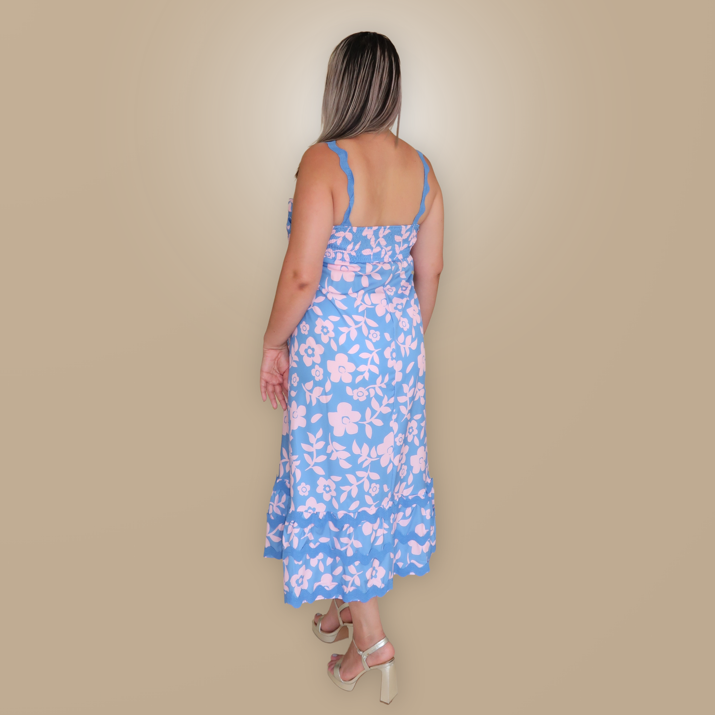 Vestido Largo de Tirantes Estampado Azul con Rosa