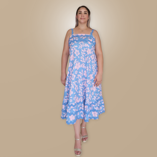 Vestido Largo de Tirantes Estampado Azul con Rosa