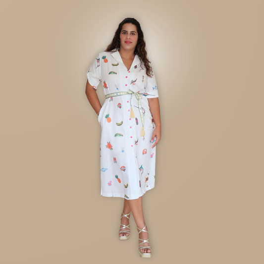 Vestido Blanco con Dibujos de Colores