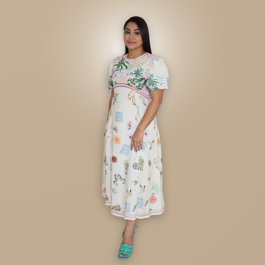 Vestido Largo Beige con Rosa Pastel y Estampado de Mar